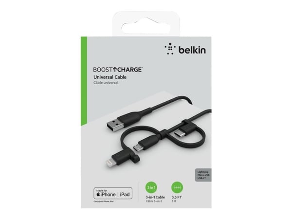 Belkin BOOST CHARGE, 1 m, USB A, USB C/Micro-USB B/Lightning, Musta