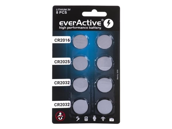 Sæt med 8 everActive litiumbatterier 4 x CR2032, 2 x CR2025, 2 x CR2016
