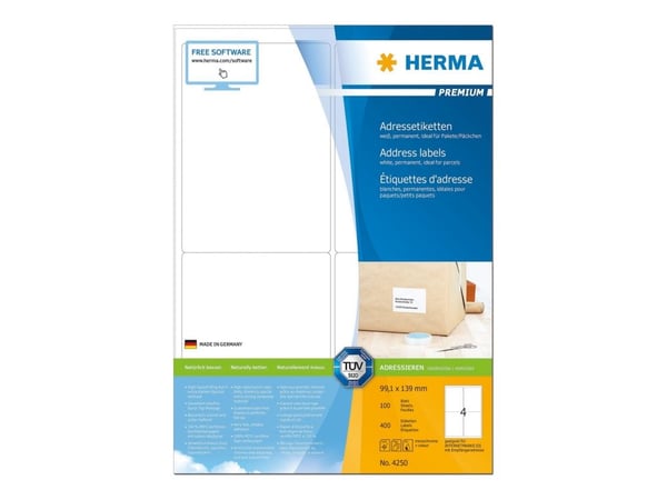 HERMA Premium - Papir - matt - permanent selv-adhesiv - hvit - 99.1 x 139 mm 400 etikett(er) (100 ark x 4) laminerte adresseetiketter