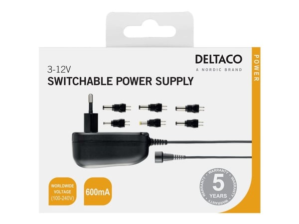 DELTACO PSR-06A - Strømadapter - AC 110-230 V - 7.2 watt - svart