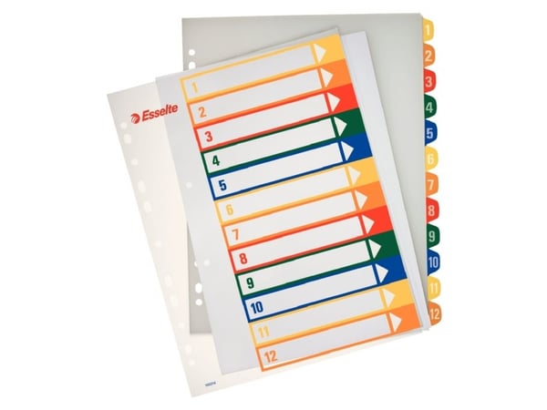 Esselte - Inndeler - 12 deler - fortrykt: 1-12 - for A4 Maxi - med fliker (en pakke 10)