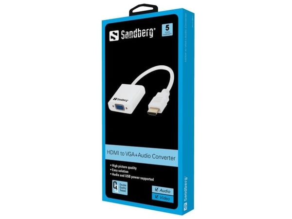 Sandberg HDMI to VGA+Audio Converter, HDMI-tyyppi A (vakio), VGA (D-Sub) + 3.5mm, Uros, Naaras, Valkoinen, RoHS