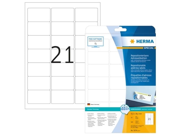 HERMA Special - Papir - matt - flyttbart selv-adhesiv - hvit - 63.5 x 38.1 mm 525 etikett(er) (25 ark x 21) adresselapper