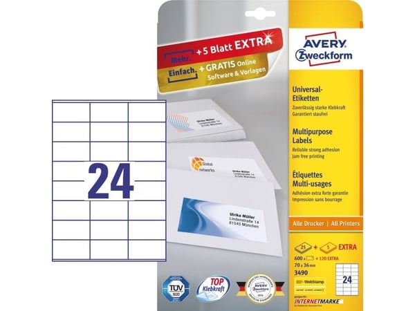 Avery - Hvit - 70 x 36 mm 600 etikett(er) (25 ark x 24) flerbruks merkelapper