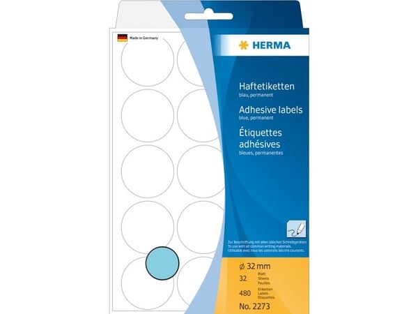 HERMA - Papir - permanent selvklebende - blå - 32 mm runde 480 etikett(er) (32 ark x 15) runde etiketter