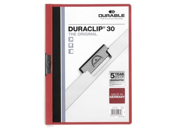 DURABLE DURACLIP 30 - Klipsfil - for A4 (210 x 297 mm) - kapasitet: 30 ark - rød med transparent frontdekke