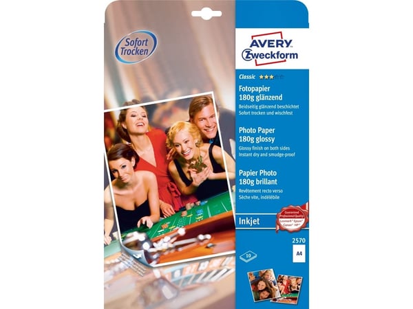 Avery Premium Instant DRY 2570 - Glanset - hvit - A4 (210 x 297 mm) - 180 g/m² - 10 ark fotopapir