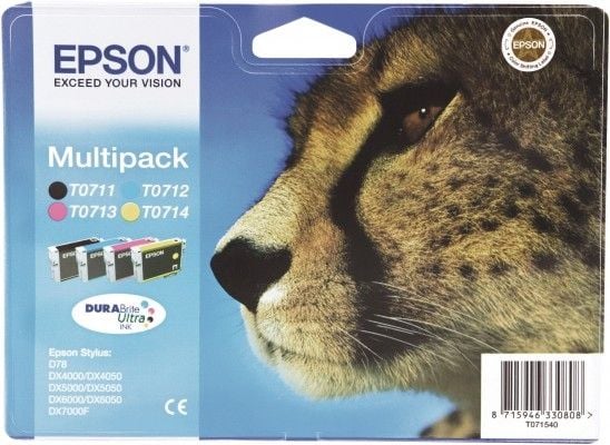 Epson Monipakkaus, 4 väriä T0715 DURABrite Ultra -muste, Syaani, Magenta, Keltainen, Väriainepohjainen muste, 7,4 ml, 1 kpl, Monipakkaus