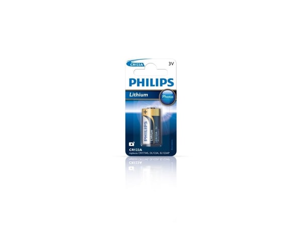 Philips Minicells Valokenno CR123A/01B, Ladattava akku, 3 V, Cd (kadmium), Hg (elohopea), Pb (lyijy), 22 g, PET, 83 x 120 x 17 mm