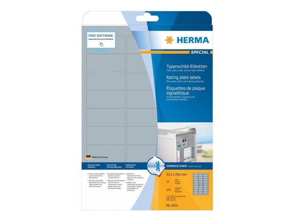 HERMA Special - Polyester - matt - permanent selvklebende - sølv - 63,5 x 29,6 mm 675 etikett(er) (25 ark x 27 folieetiketter)