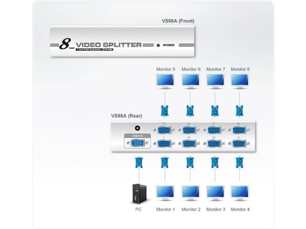 ATEN VS98A-AT-G, VGA, 8x VGA, 1920 x 1440 piksler, Sølv, Metall, 30 m