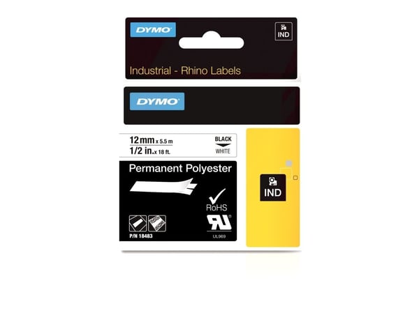 DYMO Rhino - Polyester - svart på hvitt - Rull (1,2 cm x 5,5 m) 1 kassett(er) permanent tape - for Rhino 4200, 6000, 6000 Hard Case Kit
