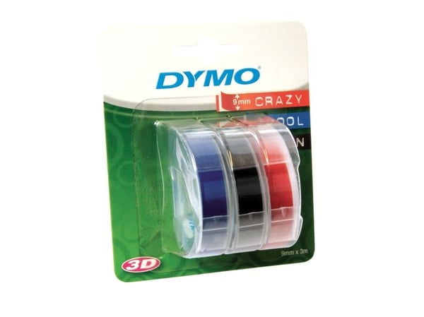 DYMO 3D prægetape 9mm x 3m sort, rød og blå selvklæbende - (3 stk.)