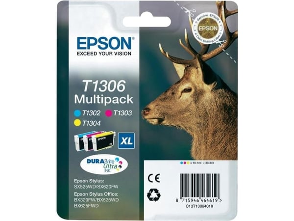 Epson Stag Monipakkaus, 3 väriä T1306 DURABrite Ultra -muste, Korkea (XL) värintuotto, Syaani, Magenta, Keltainen, Väriainepohjainen muste, 10,1 ml...