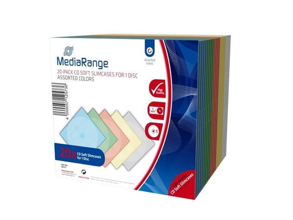 MediaRange Retail-Pack CD-Soft-Slimcase Color (5x4) - Tynn CD-oppbevaringseske - kapasitet: 1 CD - hvit, blå, gul, oransje, rosa (en pakke 20)