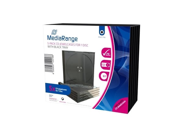 MediaRange Retail-Pack CD-Jewelcases single - CD-cover - kapasitet: 1 CD/DVD - svart, gjennomsiktig (en pakke 5)