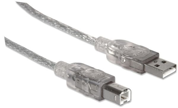 Manhattan 345408, 5 m, USB A, USB B, USB 2.0, Hankjønn/hankjønn, Sølv