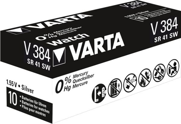 Varta -V384, Kertakäyttöinen akku, SR41, Hopea-oksidi (S), 1,55 V, 1 kpl, 37 mAh