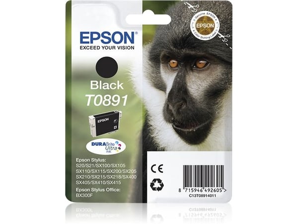 Epson T0891 - Svart - original - blære med RF/lyd-alarm - blekkpatron - for Stylus S21, SX110, SX115, SX210, SX215, SX218, SX400, SX410, SX415; Sty...