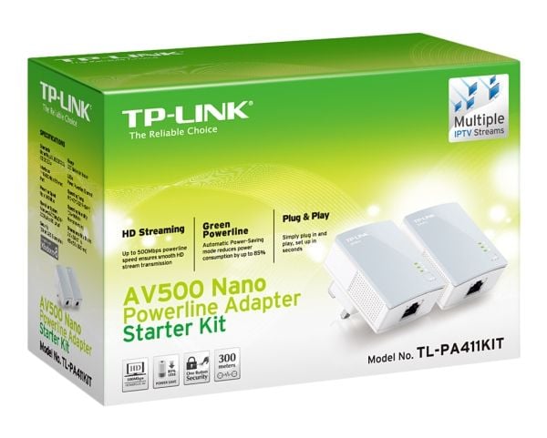 TP-Link TL-PA411KIT AV500 Nano Powerline Adapter Starter Kit - Strømlinjeadaptersett HomePlug AV (HPAV) - veggpluggbar (en pakke 2)