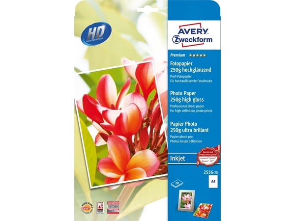 Avery Premium Inkjet Photo Paper, blekkskriverutskrift, A4 (210x297 mm), høyglans, 20 ark, 250 g/m², hvit