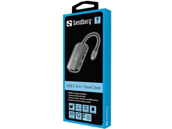 Sandberg USB-C 6-in1 Travel Dock - Dokkingstasjon - USB-C - HDMI - 1GbE