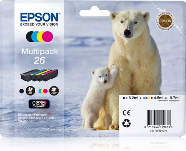Epson Polar bear Monipakkaus, 4 väriä 26 Claria Premium -muste, musta, Syaani, Magenta, Keltainen, Väriainepohjainen muste, Väripohjainen muste, 6,...