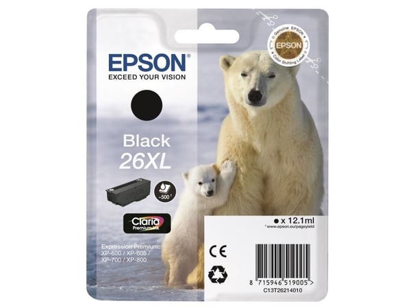 Epson 26XL - 12.2 ml - XL - svart - original - bläckpatron - för Expression Premium XP-510, 520, 600, 605, 610, 615, 620, 625, 700, 710, 720, 800, ...
