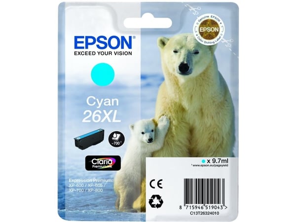 Epson Polar bear Singlepack Cyan 26XL Claria Premium Ink, Korkea (XL) värintuotto, Syaani, 1 kpl