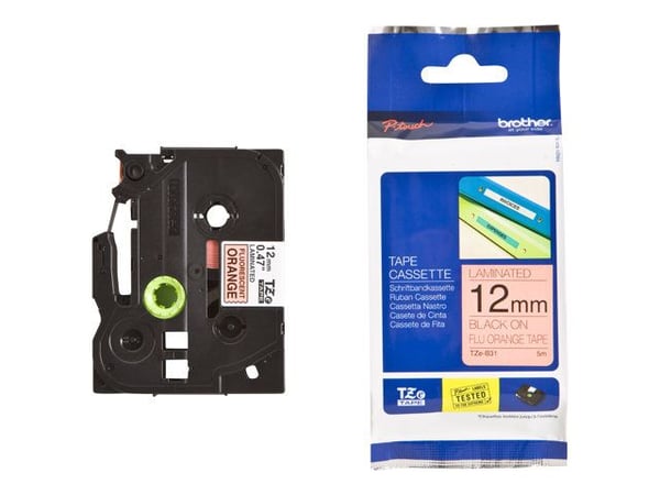 Brother TZe-B31 - Svart på fluorescerende oransje - Rull (1,2 cm x 5 m) 1 kassett(er) laminert teip - for Brother PT-D210, D600, H110; P-Touch PT-1...