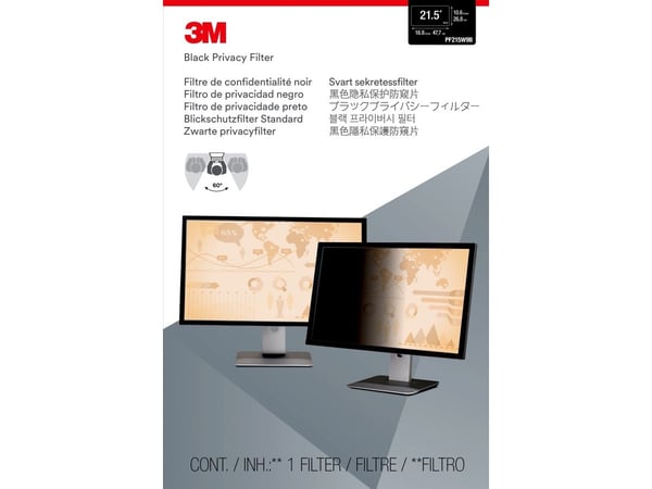 3M PF215W9B, 54,6 cm (21.5"), 16:9, Näyttö, Kehyksetön näytön yksityisyyssuodatin, Häikäisynesto, Yksityisyys, 82,009500496 g