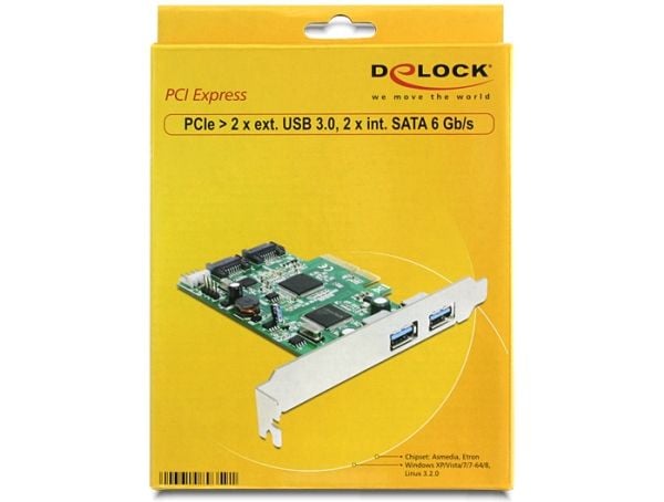 DeLock PCI Express-kort > 2 x ekstern USB 3.0, 2 x intern SATA 6 Gb/s - Speicher/USB3.0-kontroller - USB 3.0 / SATA 6 Gb/s - 600 MBps - PCIe 2.0 x4...