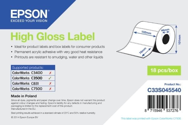 Epson - Korkeakiiltoinen - 102 x 76 mm 415 tarraa (1 rulla (1 rulla) x 415) leikattu etiketti - ColorWorks CW-C4000E (BK), CW-C4000E (MK); TM C3500...