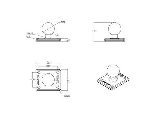 RAM Mounts baseplate rektangulær 2x1,7'' B-kule 1'' AMPS-raster