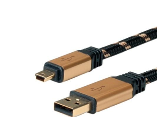 ROLINE 11.02.8822, 1,8 m, USB A, Mini-USB B, USB 2.0, Hankjønn/hankjønn, Sort, Gull
