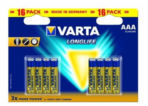 Varta BV-LL 16 AAA, Kertakäyttöinen akku, AAA, Alkali, 16 kpl, Sininen, Keltainen, 122 mm