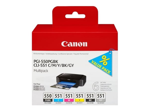 Canon PGI-550/CLI-551 PGBK/C/M/Y/BK/GY Multi Pack - 6-pack - grå, svart, gul, cyan, magenta - original - blekkbeholder - for PIXMA iP7250, iP8750, ...
