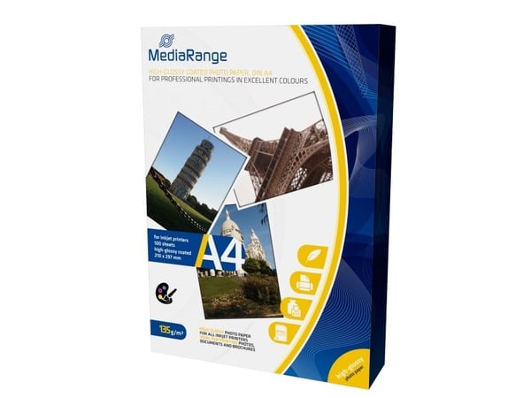 MediaRange - Høyblank - hvit - A4 (210 x 297 mm) - 135 g/m² - 100 ark fotopapir
