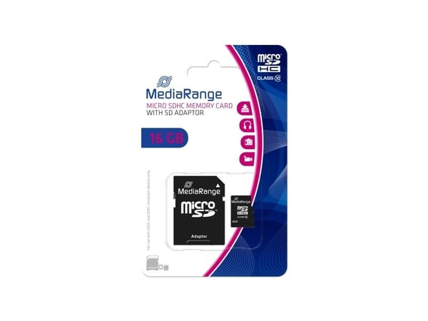 MediaRange - Flashminnekort (microSDHC til SD-adapter inkludert) - 16 GB - Class 10 - microSDHC - svart
