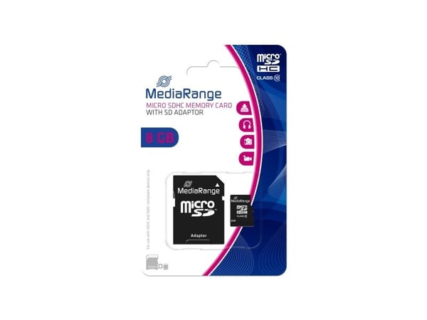 MediaRange - Flashminnekort (microSDHC til SD-adapter inkludert) - 8 GB - Class 10 - microSDHC - svart