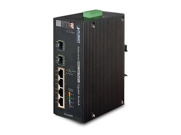 PLANET IGS-624HPT - Switch - 4 x 10/100/1000 (PoE+) + 2 x Gigabit SFP - DIN-skinnemonterbar, veggmonterbar - PoE+ (120 W) - DC-strøm