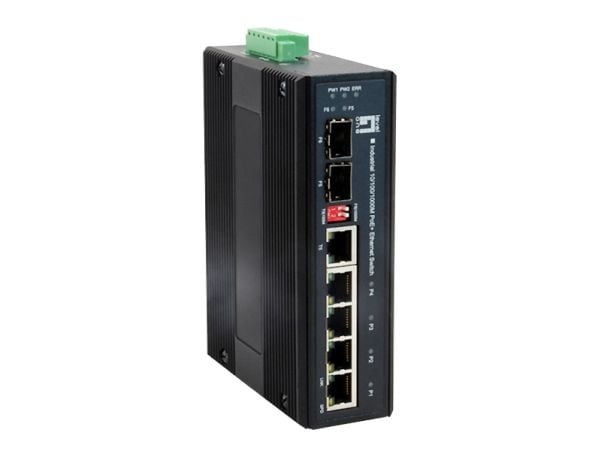 LevelOne IES-0610 - Switch - ikke-styrt - 4 x 10/100/1000 (PoE+) + 1 x Gigabit SFP + 1 x kombo-Gigabit SFP - DIN-skinnemonterbar - PoE+ - DC-strøm