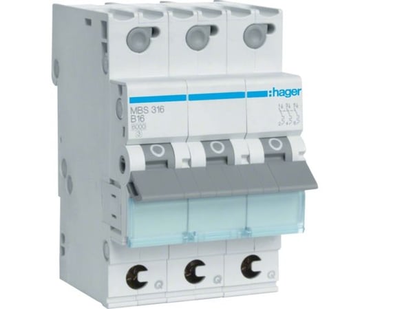 Hager MBS316, 16 A, B-tyyppi, 3 moduulia, -25 - 60 °C, -25 - 80 °C, 52,5 mm