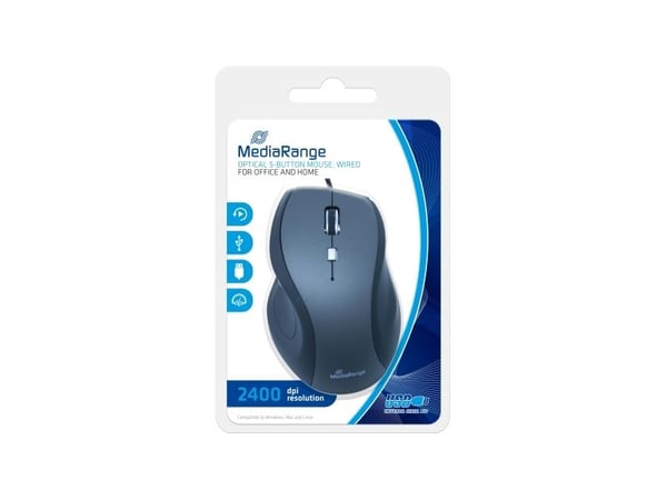 MediaRange MROS202, Oikeakätinen, Optinen, USB A-tyyppi, 2400 DPI, Musta, Harmaa