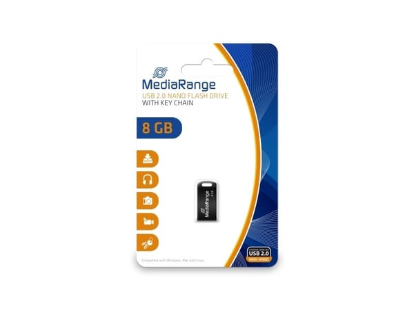 MediaRange MR920, 8 GB, USB A-tyyppi, 2.0, 15 MB/s, Ilman suojusta, Musta