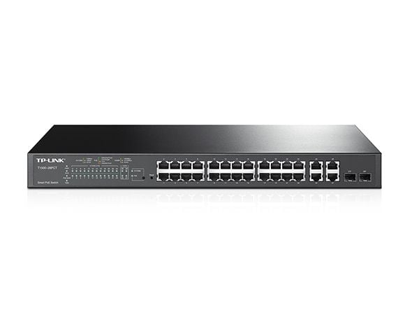 TP-Link Smart PoE Switch T1500-28PCT - Switch - 24 x 10/100 (PoE) + 2 x SFP + 4 x 10/100/1000 - rackmonterbar - PoE (192 W)