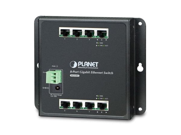 PLANET WGS-803 - Switch - ikke-styrt + 8 x 10/100/1000 - DIN-skinnemonterbar, veggmonterbar - DC-strøm