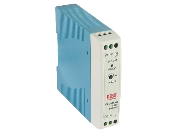 MEAN WELL MDR-20-24, 24 W, 85 - 264 V, 47 - 63 Hz, 0.35 - 0.55 A, 50 ms, 84%