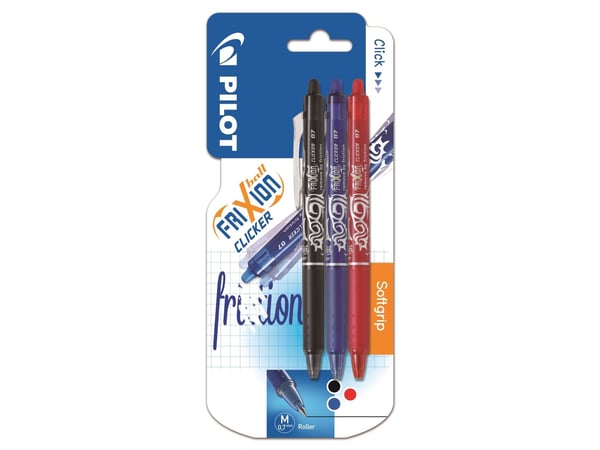 Pilot Frixion Clicker 0.7 mm sort, blå og rød ass. farver i blister - (3 stk.)