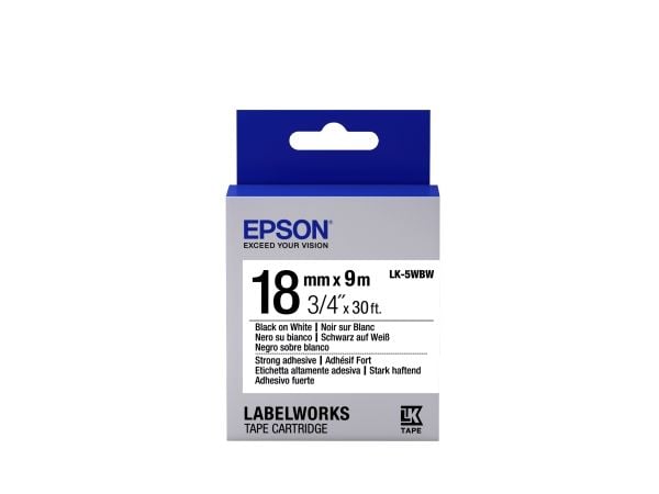 Epson LabelWorks LK-5WBW - Sterkt selvklebende - svart på hvitt - Rull (1,8 cm x 9 m) 1 kassett(er) etiketteringstape - for LabelWorks LW-1000, 400...